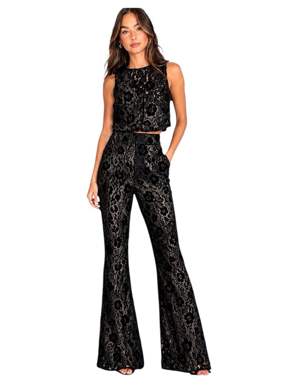 Avec Les Filles Black Lace Two Piece Suit Set Luxe Chic Vest Flared Pants Small